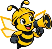 BuilderBuzz bee mascot in a hard hat, announcing pose