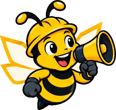 BuilderBuzz bee mascot in a hard hat, announcing pose