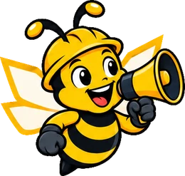 BuilderBuzz bee mascot in a hard hat, announcing pose