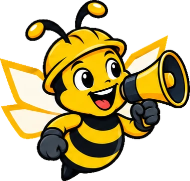 BuilderBuzz bee mascot in a hard hat, announcing pose
