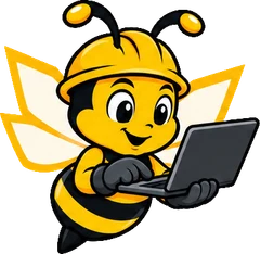 BuilderBuzz bee mascot in a hard hat, at work pose