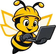 BuilderBuzz bee mascot in a hard hat, at work pose