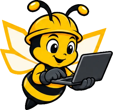 BuilderBuzz bee mascot in a hard hat, at work pose
