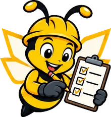 BuilderBuzz bee mascot in a hard hat, checklist pose
