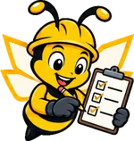 BuilderBuzz bee mascot in a hard hat, checklist pose
