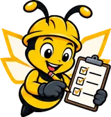 BuilderBuzz bee mascot in a hard hat, checklist pose