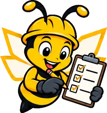 BuilderBuzz bee mascot in a hard hat, checklist pose