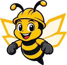 BuilderBuzz bee mascot in a hard hat, front right pose