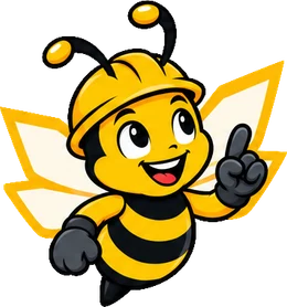 BuilderBuzz bee mascot in a hard hat, idea pose