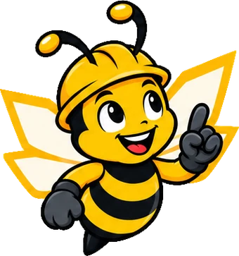 BuilderBuzz bee mascot in a hard hat, idea pose