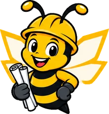 BuilderBuzz bee mascot in a hard hat, lets build pose