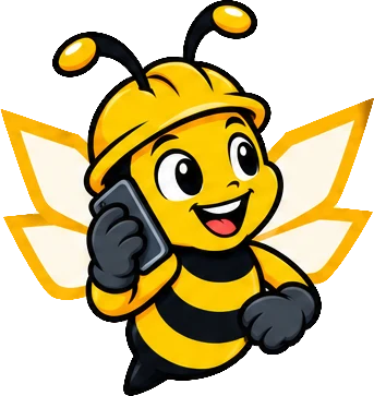 BuilderBuzz bee mascot in a hard hat, on a call pose