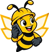 BuilderBuzz bee mascot in a hard hat, on a call pose