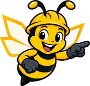 BuilderBuzz bee mascot in a hard hat, pointing pose