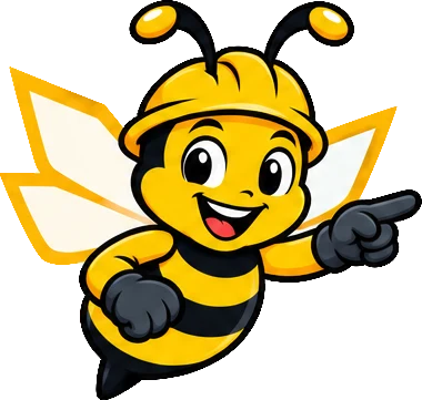 BuilderBuzz bee mascot in a hard hat, pointing pose
