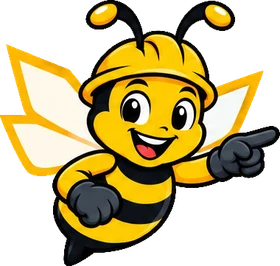 BuilderBuzz bee mascot in a hard hat, pointing pose