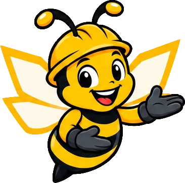 BuilderBuzz bee mascot in a hard hat, presenting pose