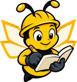 BuilderBuzz bee mascot in a hard hat, taking notes pose