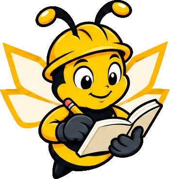 BuilderBuzz bee mascot in a hard hat, taking notes pose