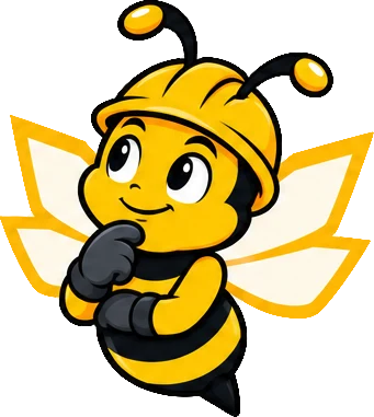 BuilderBuzz bee mascot in a hard hat, thinking pose