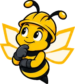 BuilderBuzz bee mascot in a hard hat, thinking pose