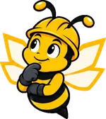 BuilderBuzz bee mascot in a hard hat, thinking pose