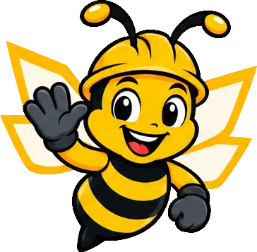 BuilderBuzz bee mascot in a hard hat, waving
