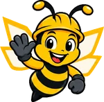BuilderBuzz bee mascot in a hard hat, welcome pose
