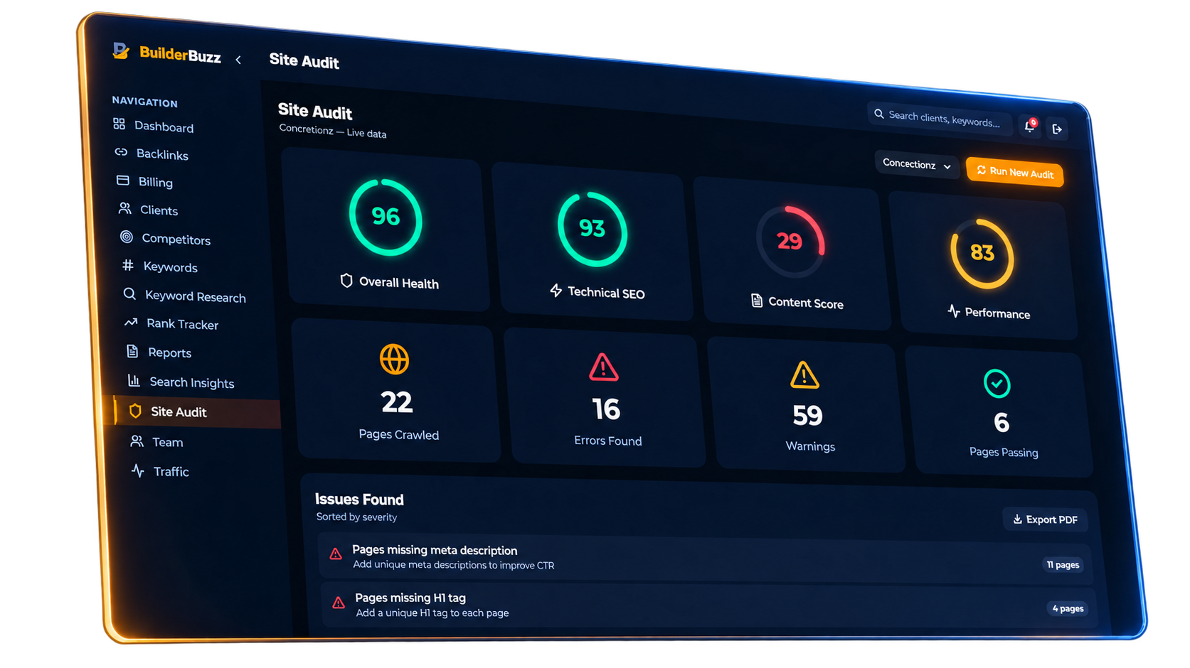 BuilderBuzz client dashboard showing SEO health scores, pages crawled, errors, and ranking metrics